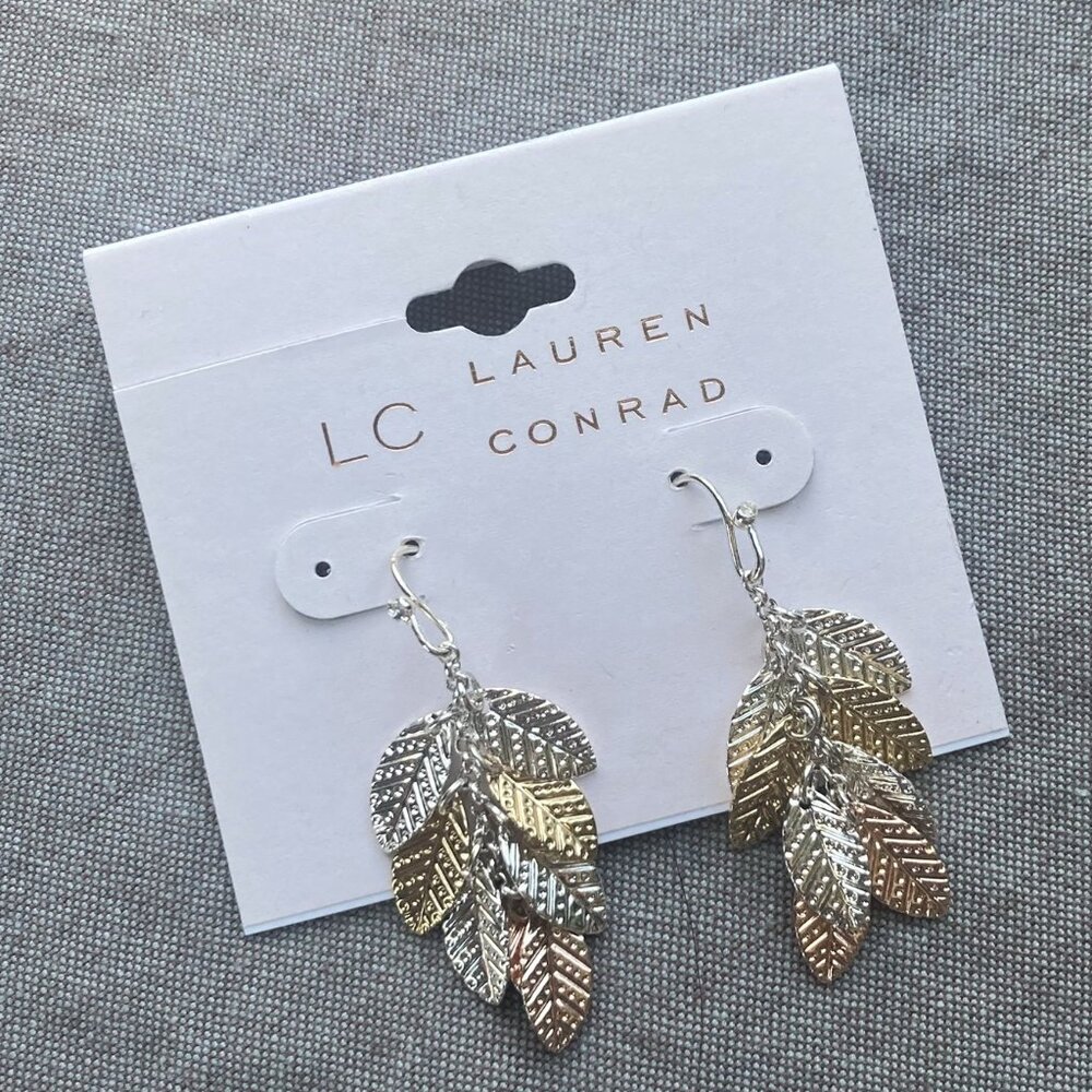 NWT! LC Lauren Conrad Tri-Tone Leaf Cluster Drop Earrings - Gold, Silver, Rose